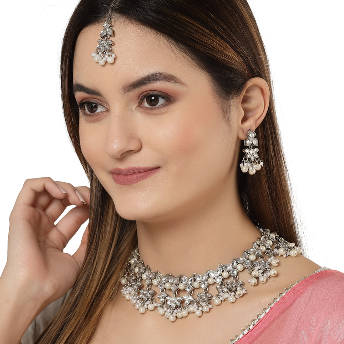 Karatcart Oxidised Silver Handcrafted Pearl and Kundan Choker Necklace Set for Women