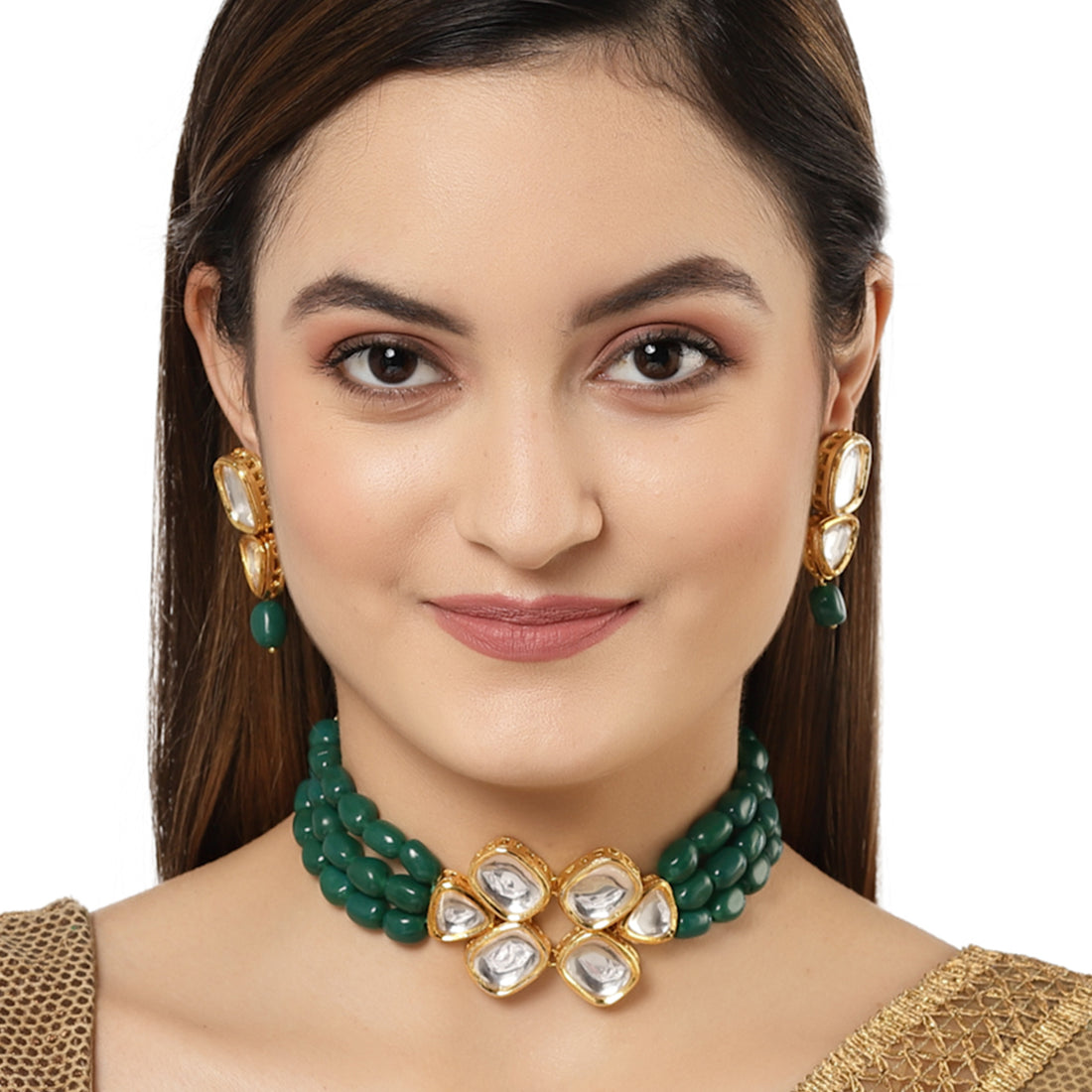 Karatcart Green Tumble Polki Choker Necklace Set for Women