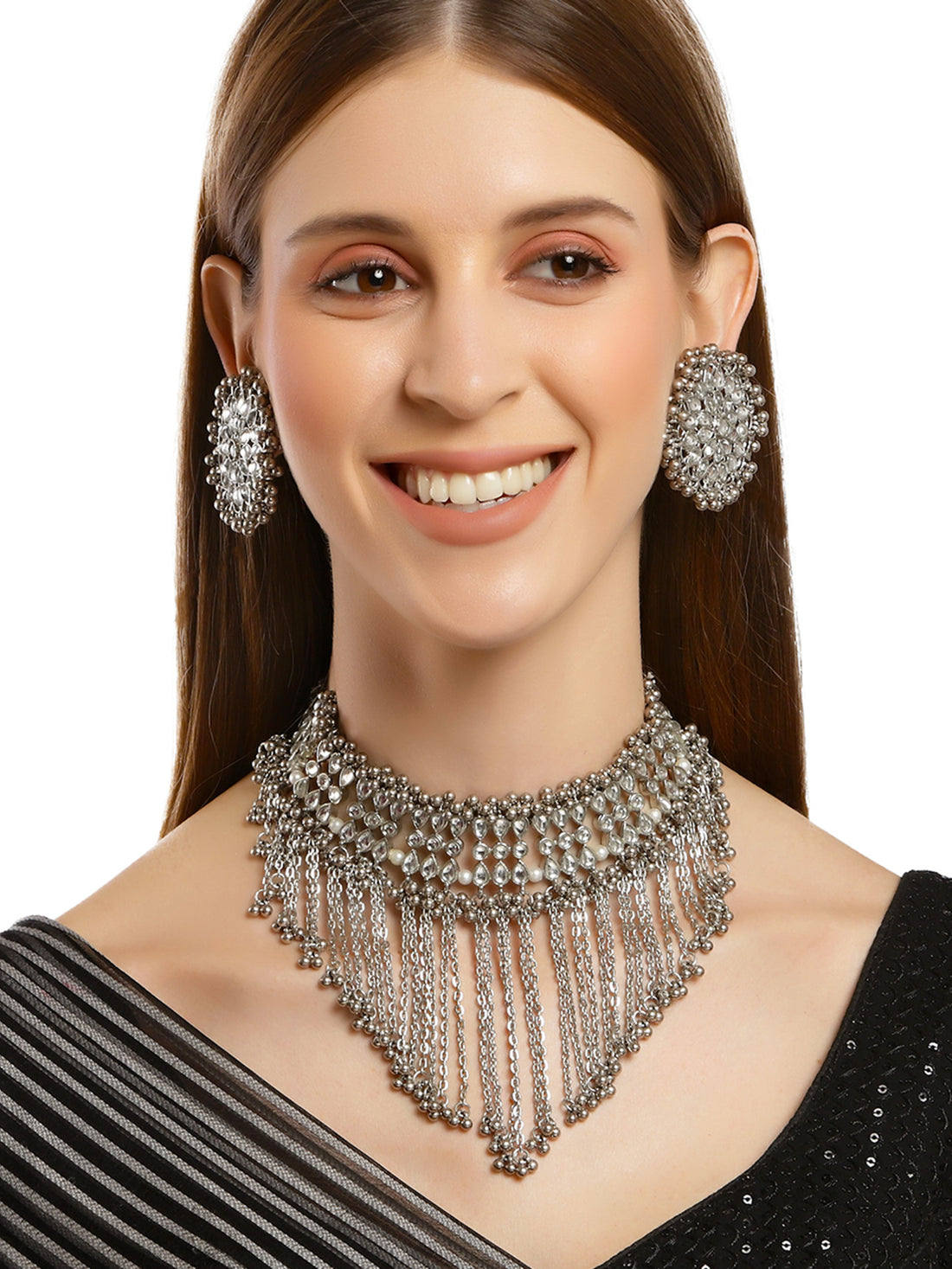 Karatcart Oxidised Silver Kundan Choker Necklace Set for Women