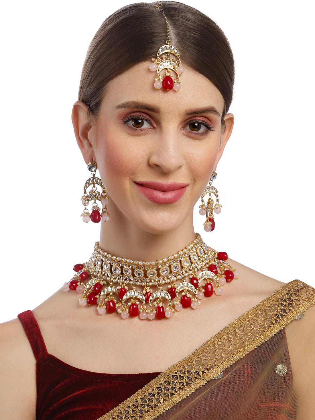 Karatcart Gold Plated Red Tumble and Pink Beads Choker Necklace Set