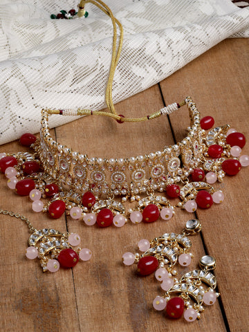 Karatcart Gold Plated Red Tumble and Pink Beads Choker Necklace Set