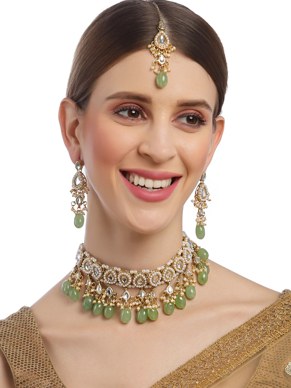 Karatcart Gold Plated Light Green Tumble Choker Necklace Set