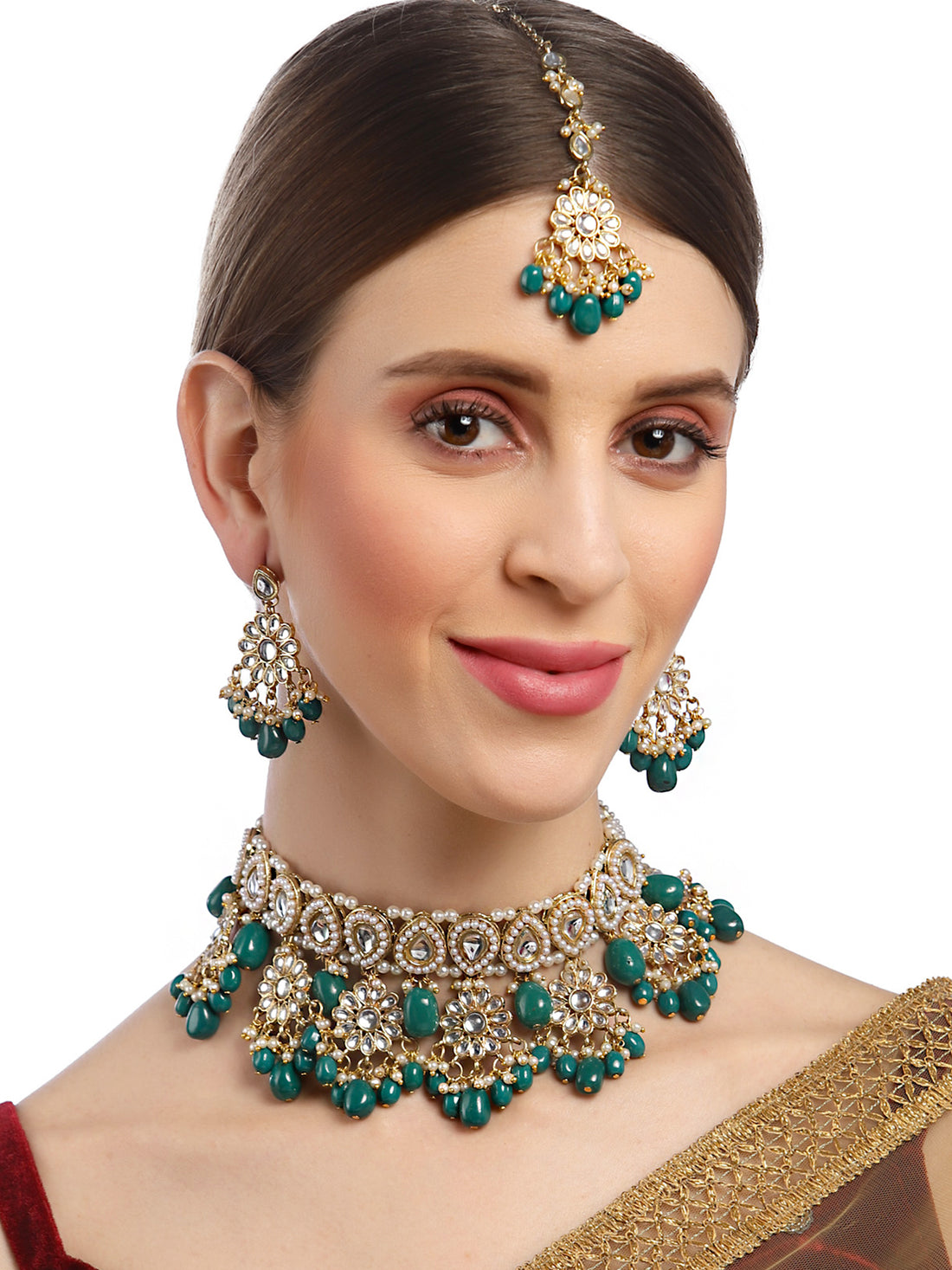 Karatcart Gold Plated Green Tumble Choker Necklace Set