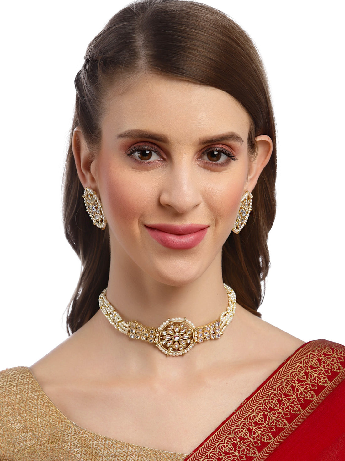 Karatcart Gold Plated Floral Pearl Beaded Choker Necklace Set