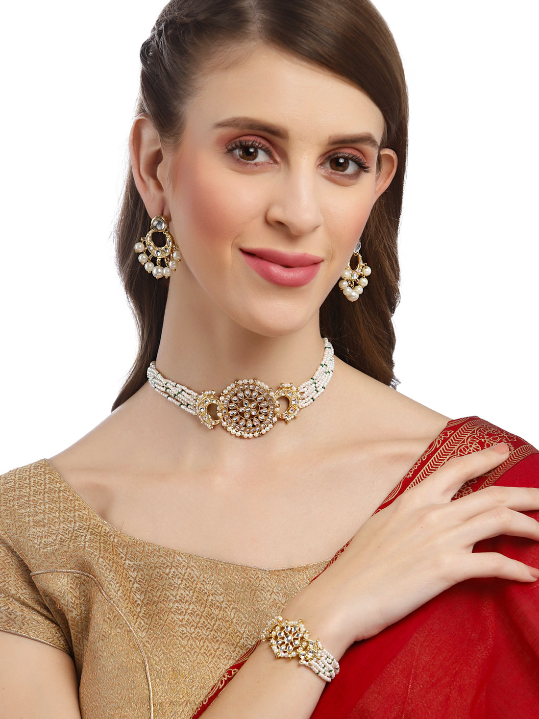 Karatcart Gold Plated Floral and Moon Shape Pearl Beaded Choker Necklace with Earrings and Bracelet