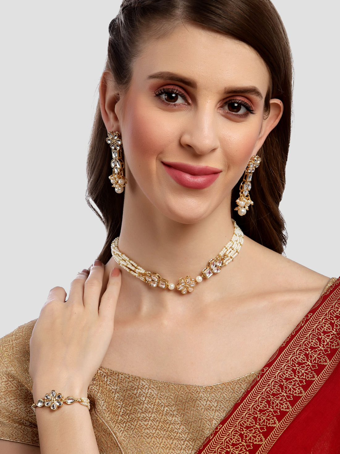 Karatcart Gold Plated Floral Shape Pearl Beaded Choker Necklace with Earrings and Bracelet