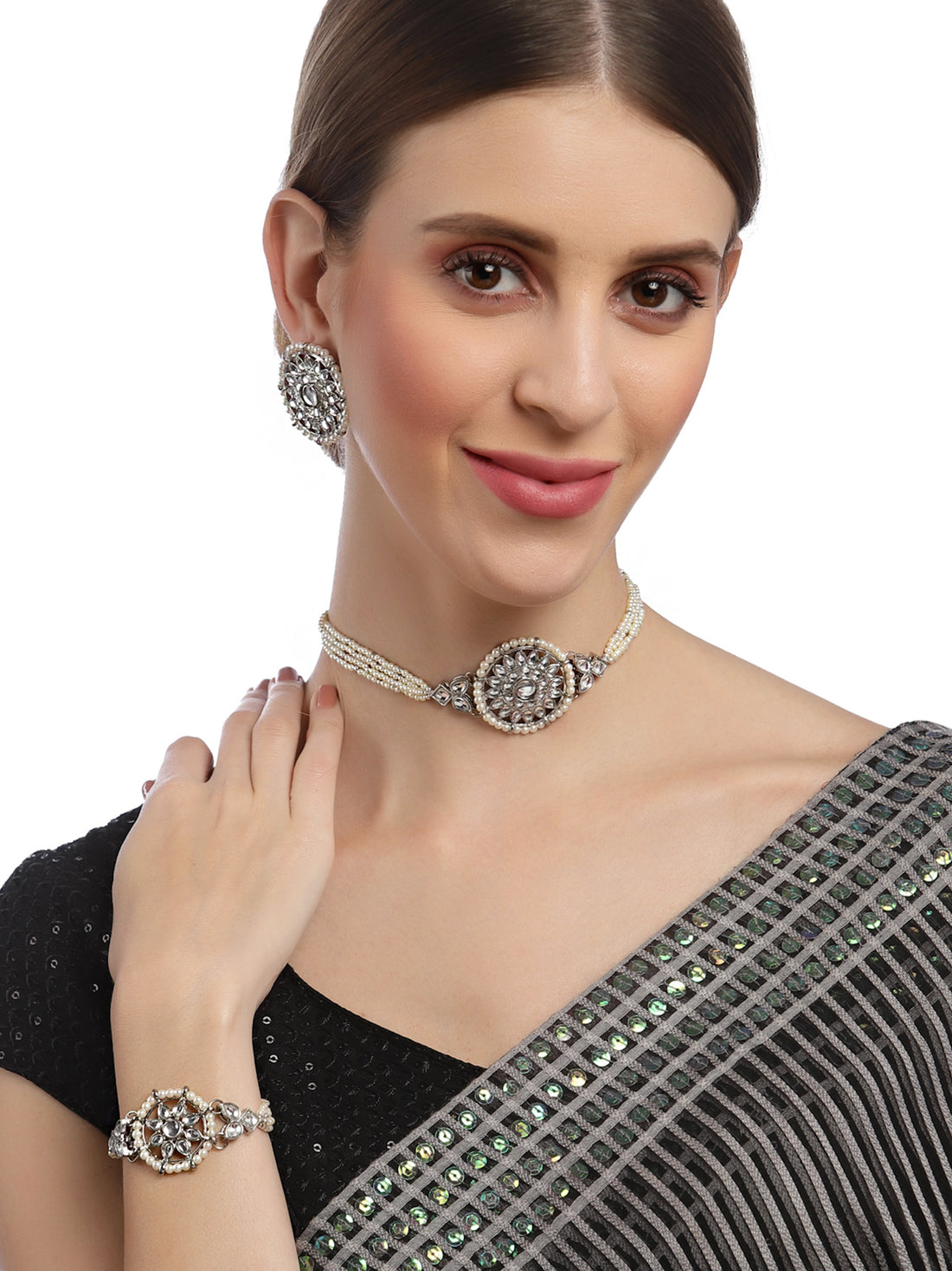 Karatcart Oxidised Silver Floral Shape Pearl Beaded Choker Necklace with Earrings and Bracelet