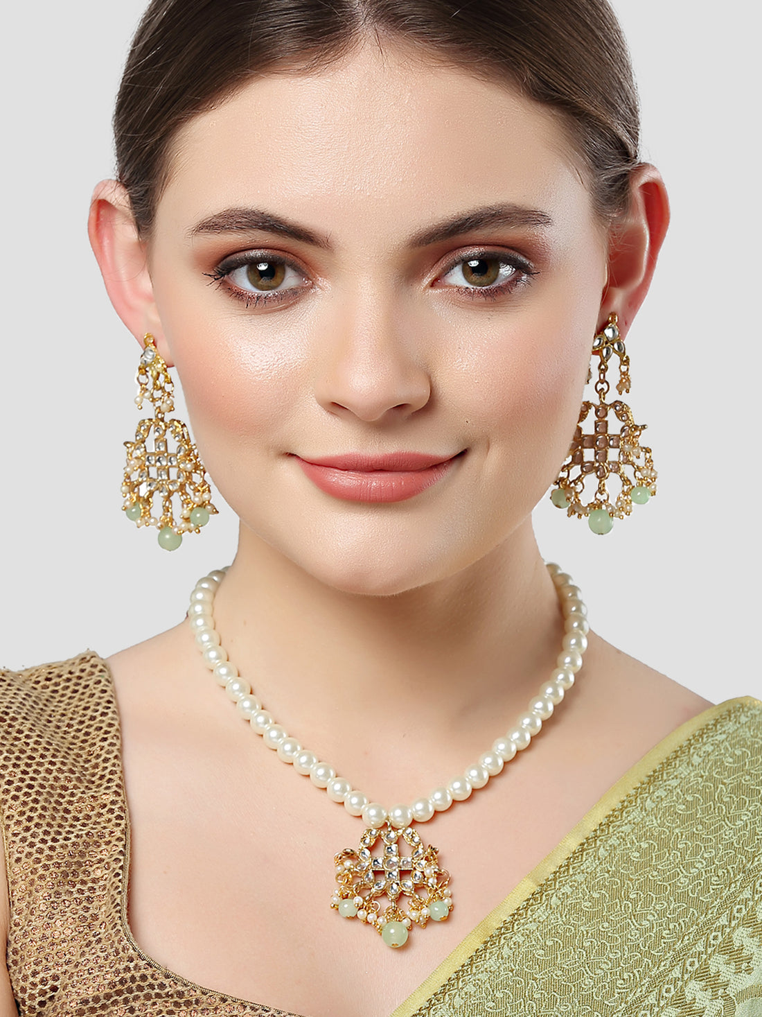 Karatcart Gold Plated Light Green Beads and Pearl Studded Kundan Necklace Set for Women