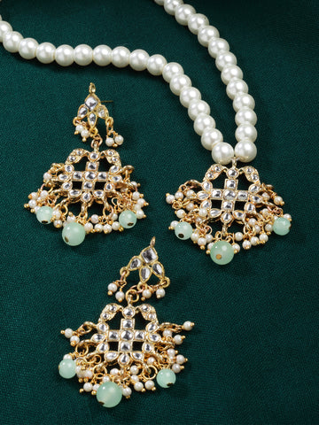 Karatcart Gold Plated Light Green Beads and Pearl Studded Kundan Necklace Set for Women