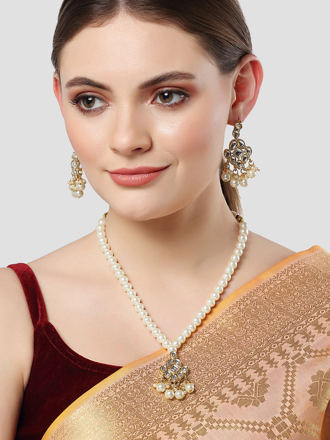 Karatcart Gold Plated Pearl Beads Studded Kundan Necklace Set for Women