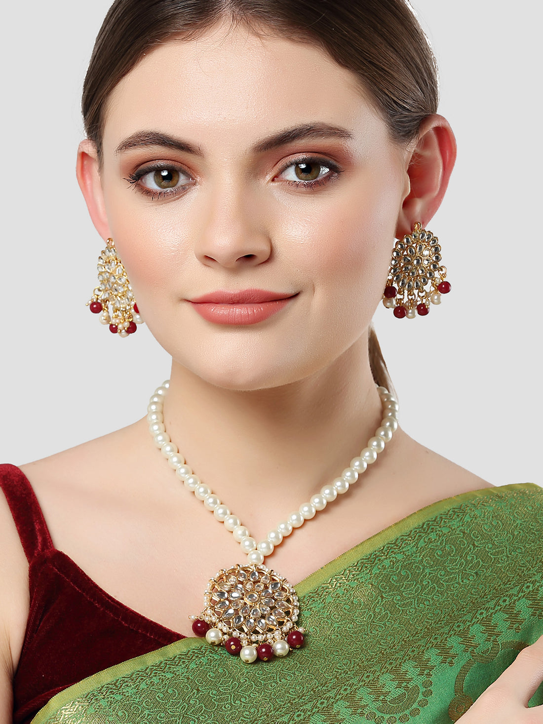 Karatcart Gold Plated Red Beads and Pearl Studded Kundan Necklace Set for Women