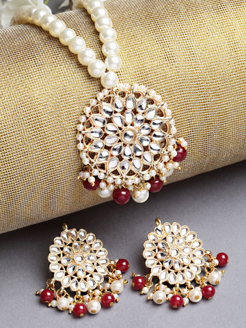 Karatcart Gold Plated Red Beads and Pearl Studded Kundan Necklace Set for Women