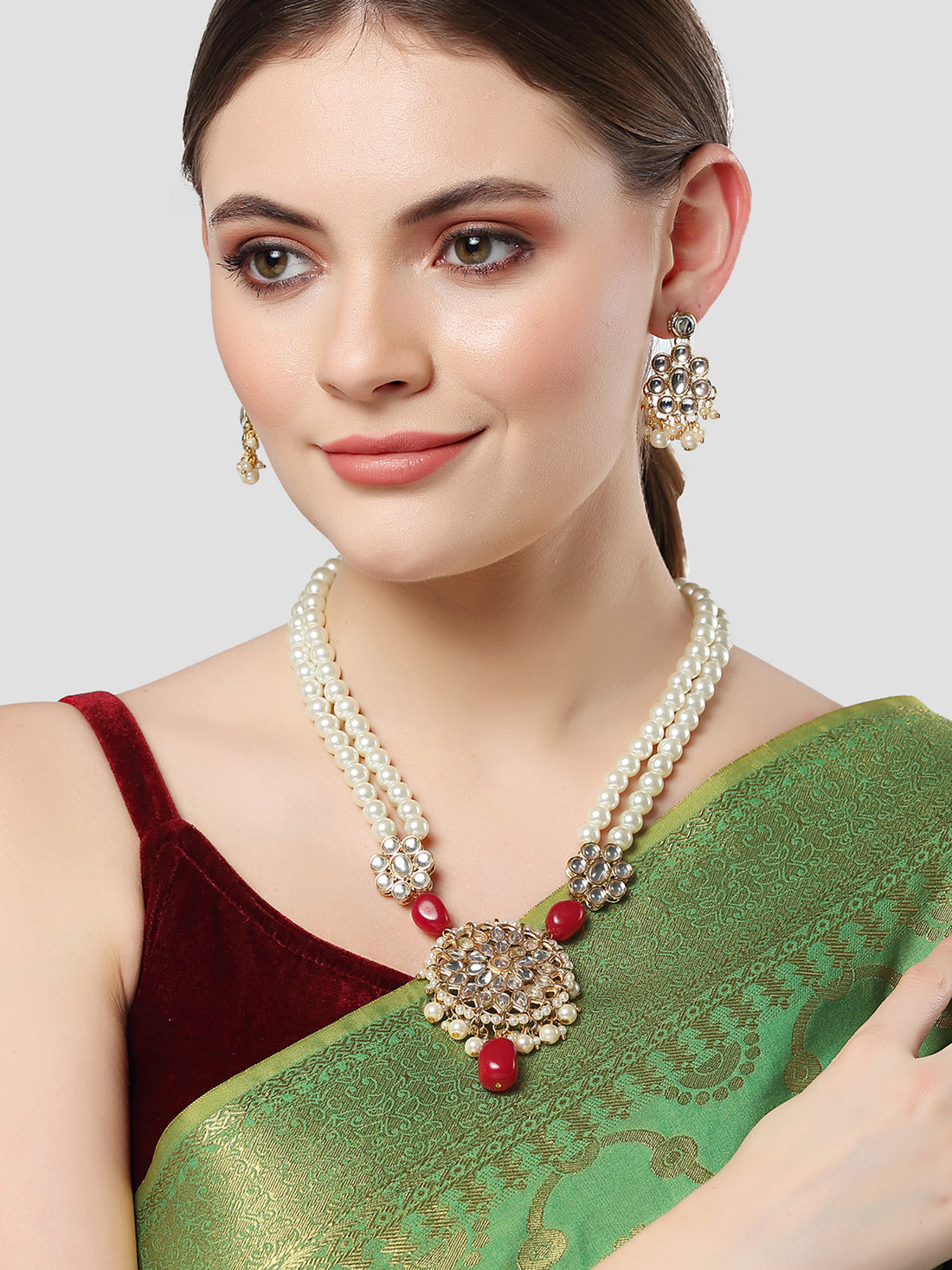 Karatcart Gold Plated Red Tumble and Pearl Studded Kundan Necklace Set for Women