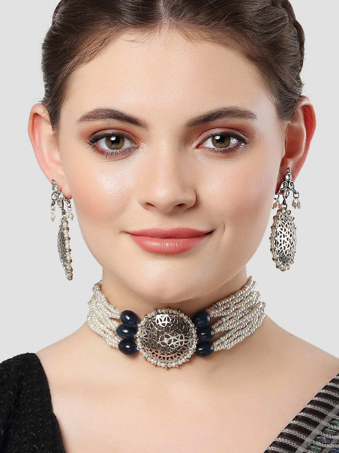 Karatcart Oxidised Silver Blue Tumble Studded Pearl Beaded Kundan Choker Necklace Set for Women