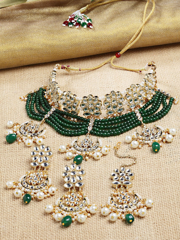 Karatcart Gold Plated Green Beads Multilayered Kundan Choker Necklace Set for Women