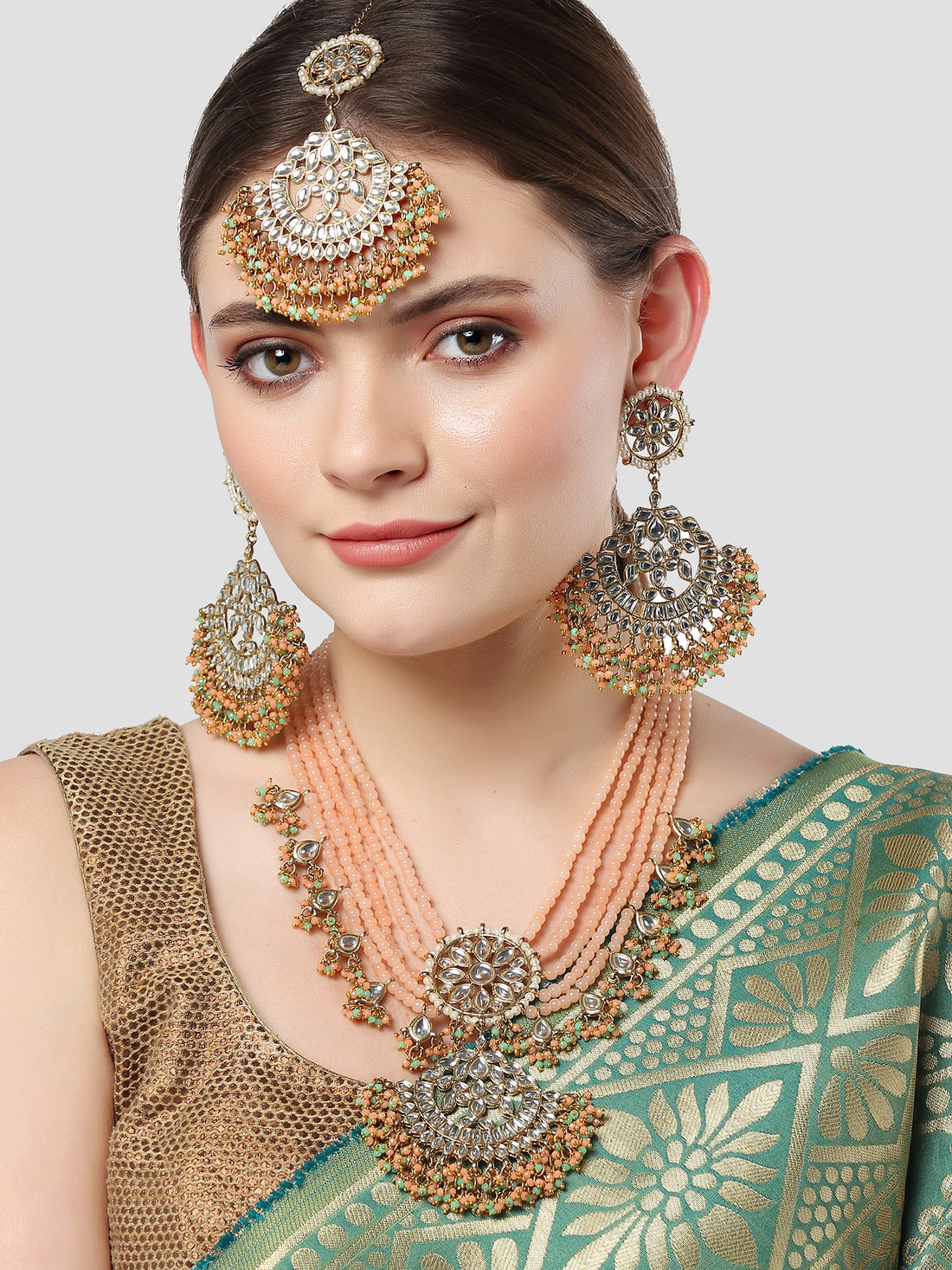 Karatcart Gold Plated Peach and Green Crystals Studded Kundan Rani-Haar Necklace Set for Women