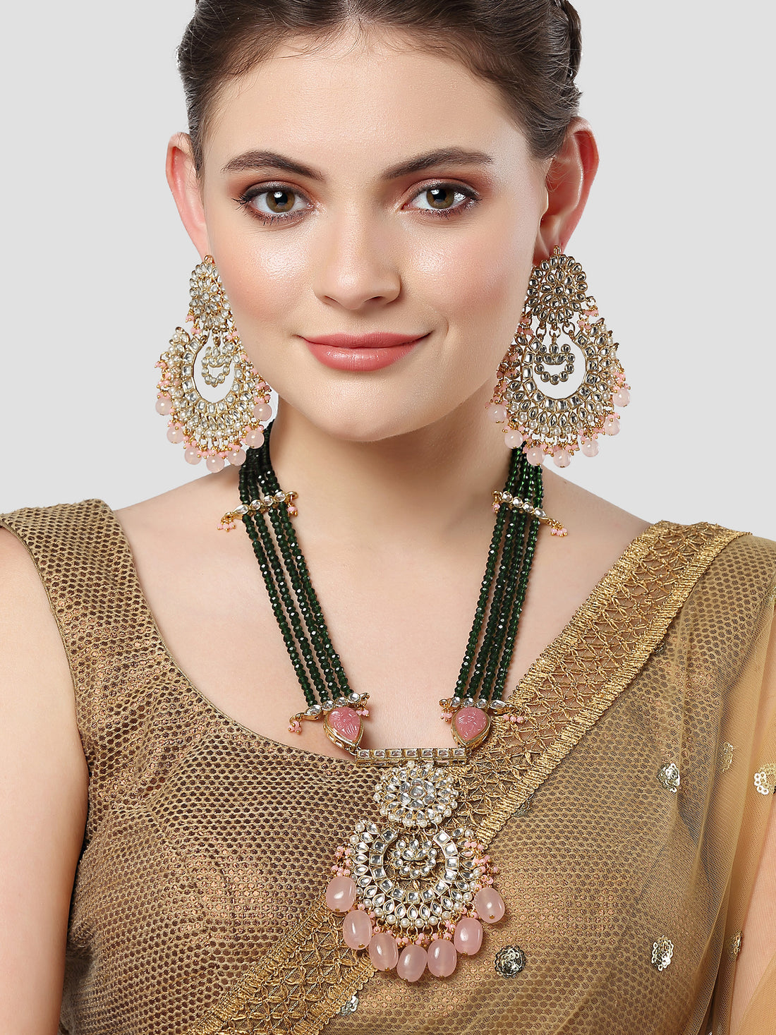 Karatcart Gold Plated Pink Tumble and Green Crystals Studded Kundan Rani-Haar Necklace Set for Women