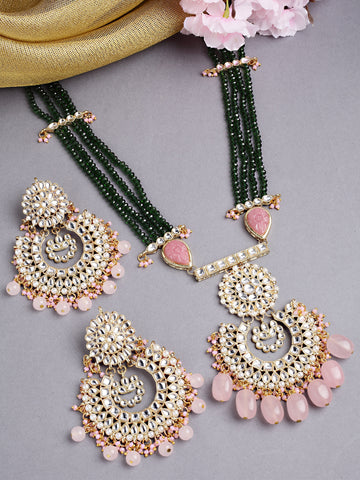 Karatcart Gold Plated Pink Tumble and Green Crystals Studded Kundan Rani-Haar Necklace Set for Women