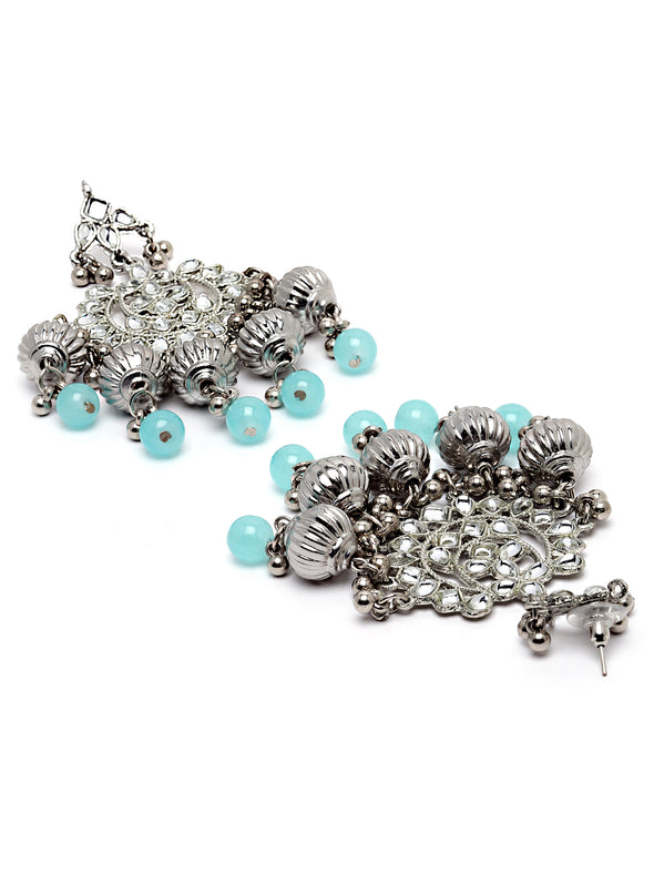 Karatcart Silver Plated Light Blue Tumble and Pearl Studded Kundan Rani-Haar Necklace Set for Women