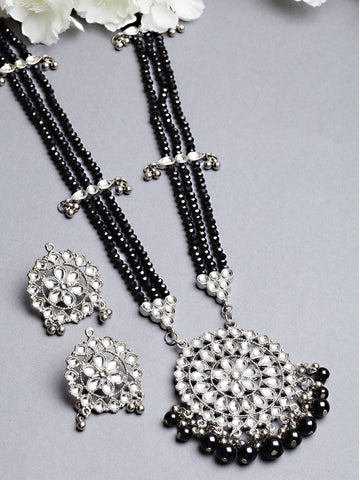 Karatcart Silver Plated Black Beads and Crystal Studded Kundan Rani-Haar Necklace Set for Women