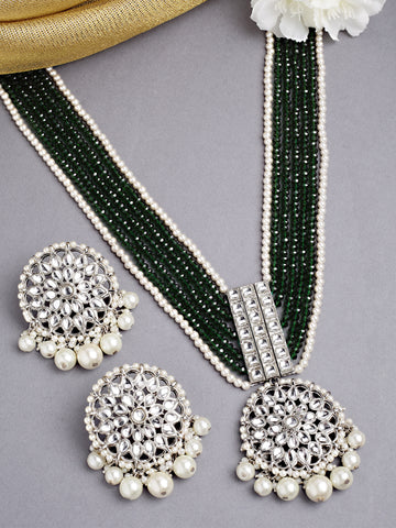 Karatcart Silver Plated Green Crystal and Pearl Studded Kundan Rani-Haar Necklace Set for Women