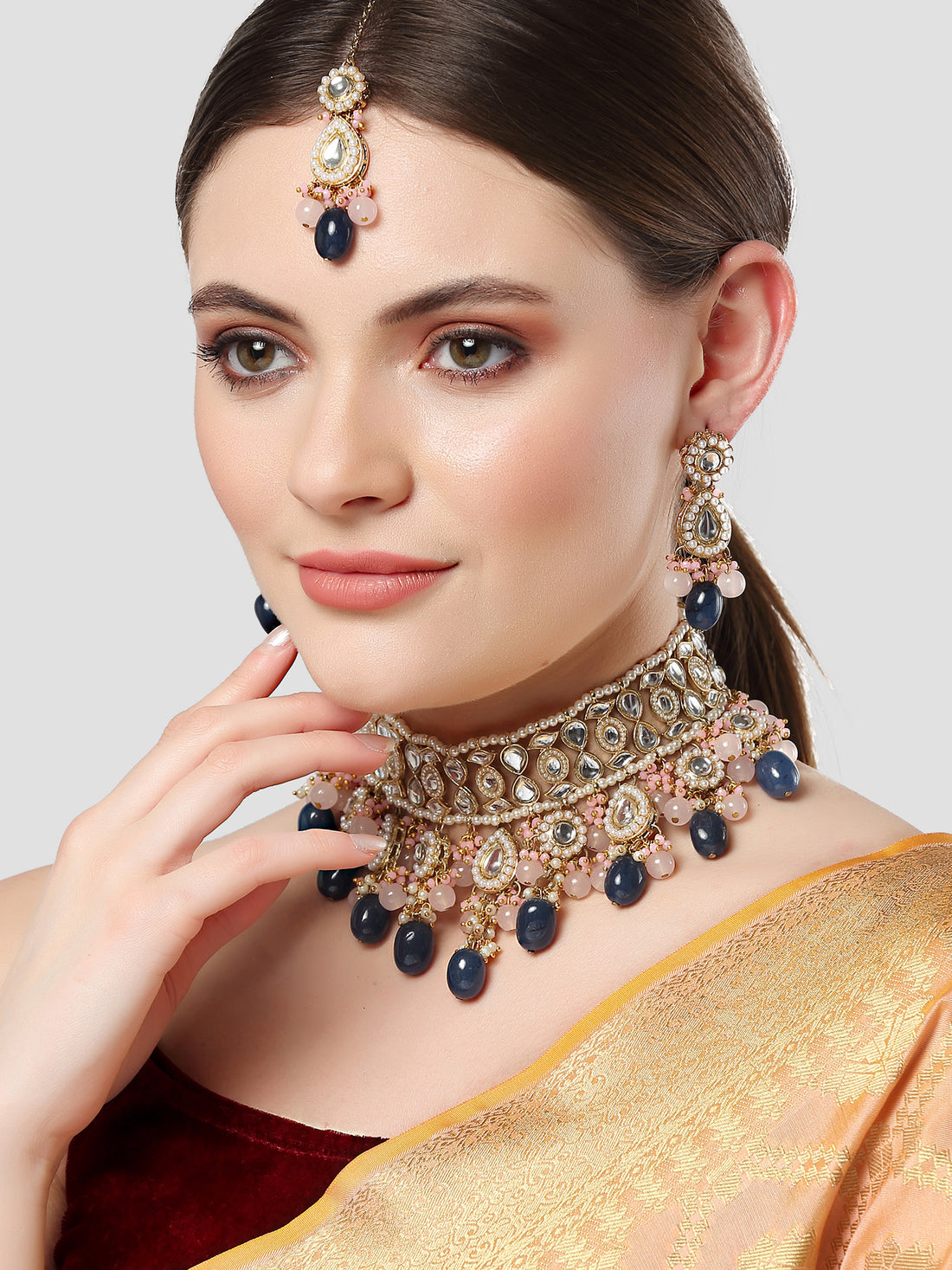 Karatcart Gold Plated Blue and Pink Kundan Choker Necklace Set for Women