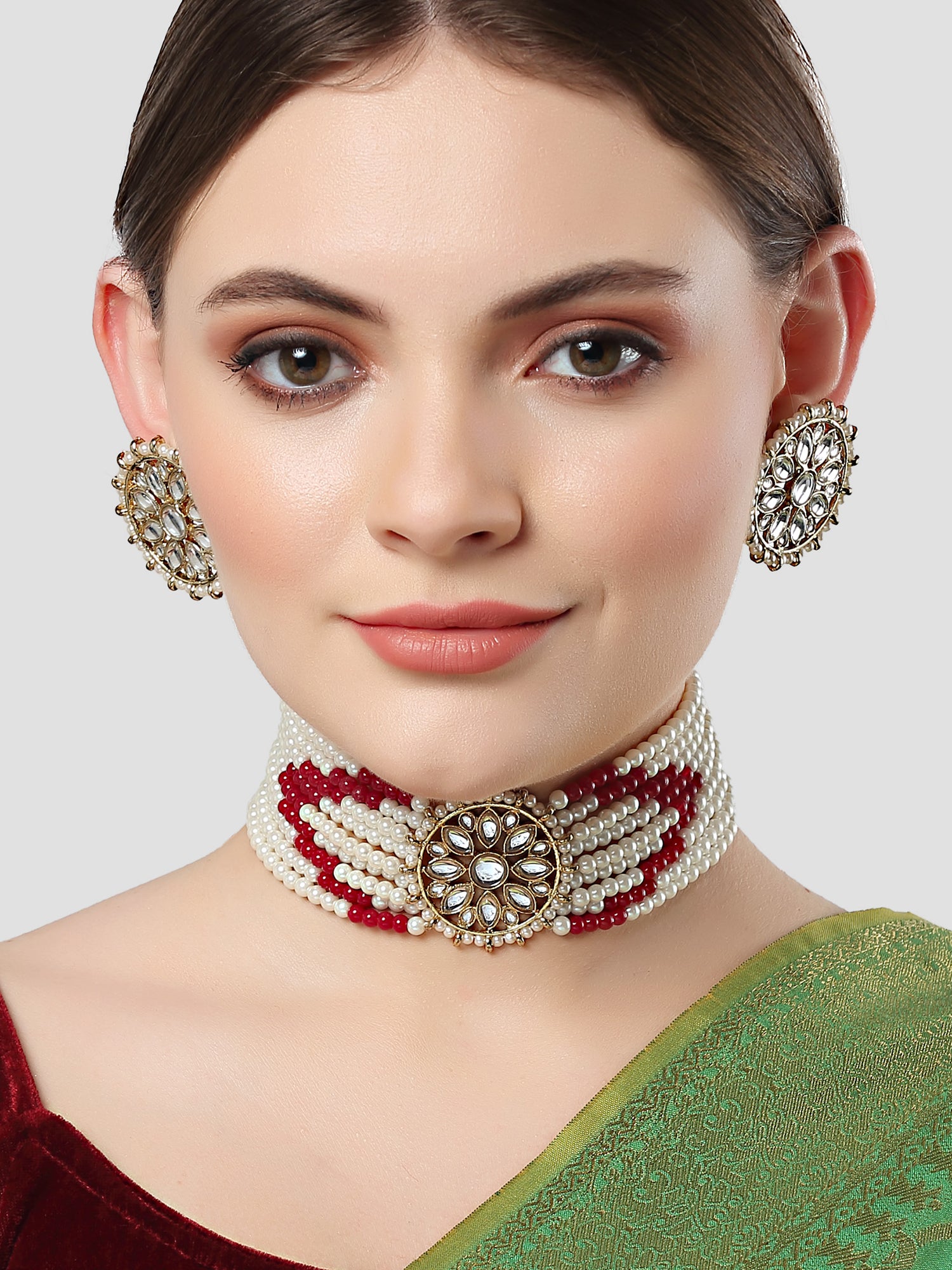 Karatcart Gold Plated White Pearl and Red Beads Kundan Choker Necklace