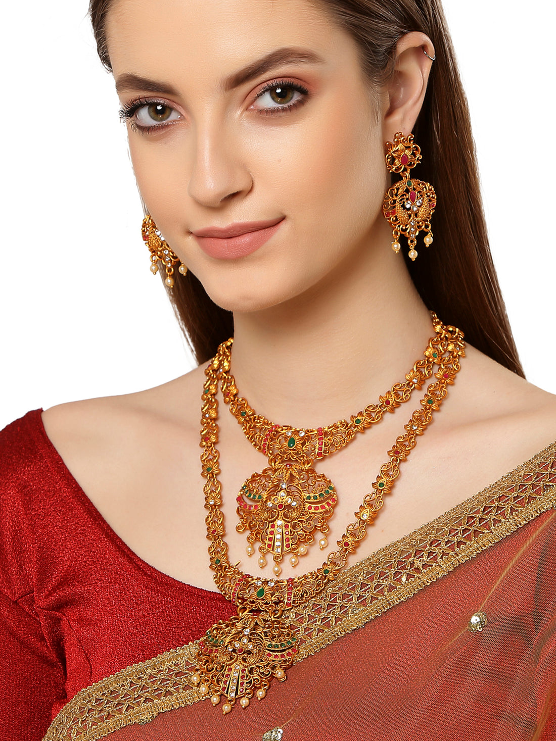 Combo of 2 Peacock Shape Gold-Plated Handcrafted Temple Necklace Set