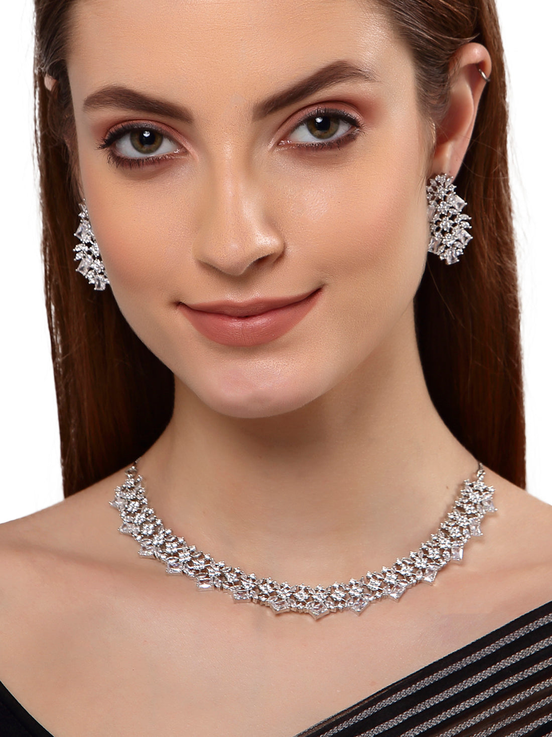 Contemporary Silver Toned American Diamond Jewellery Set