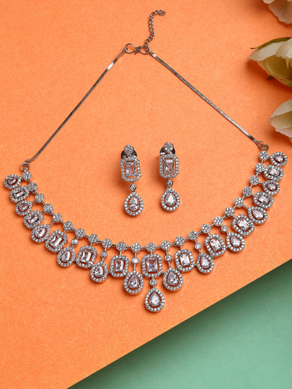Silver Toned American Diamond and CZ Studded Jewellery Set