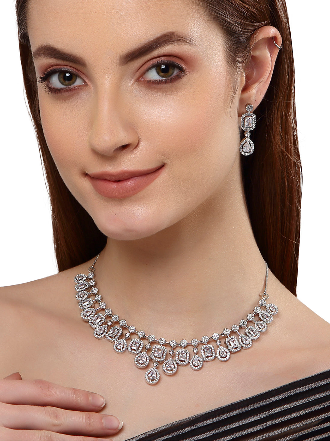 Silver Toned American Diamond and CZ Studded Jewellery Set