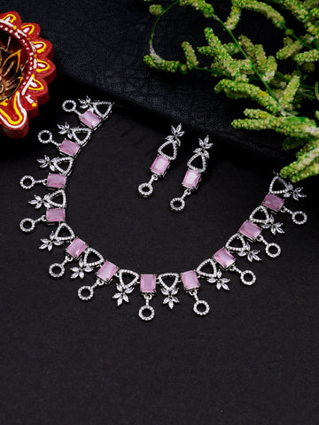 Pink Silver Toned American Diamond Jewellery Set