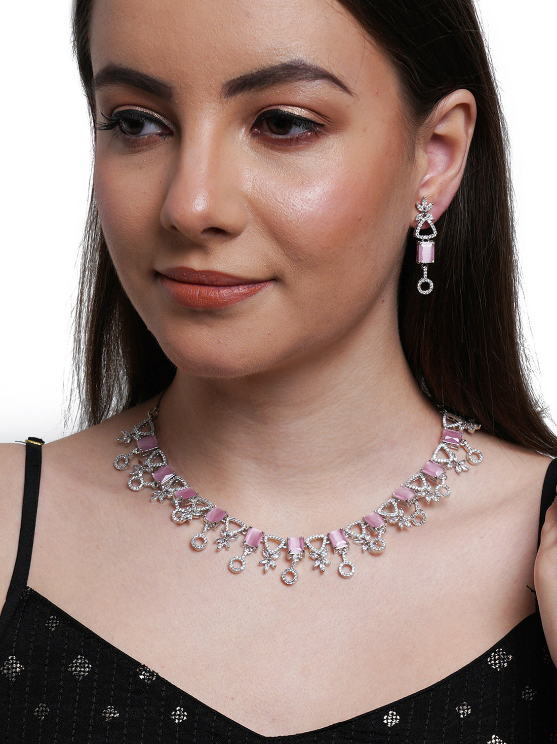 Pink Silver Toned American Diamond Jewellery Set