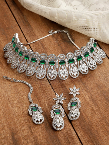 Karatcart Silver Tone Green American Diamond Studded Necklace Set