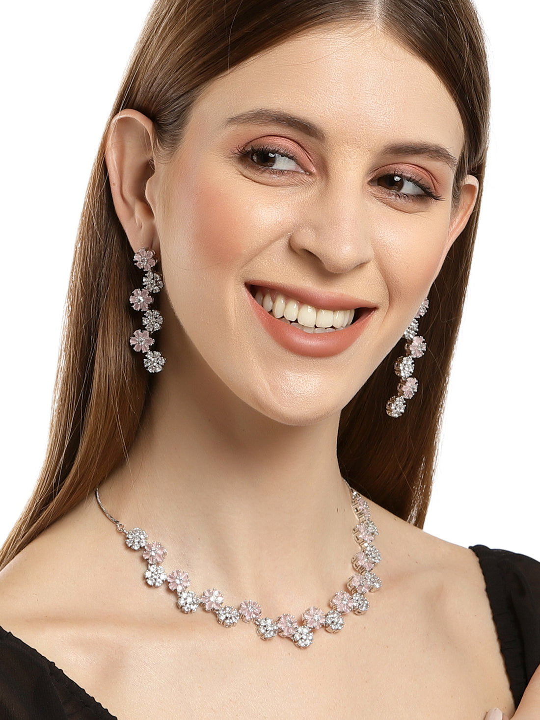 Karatcart Silver Tone Pink Floral AD Necklace Set for Women