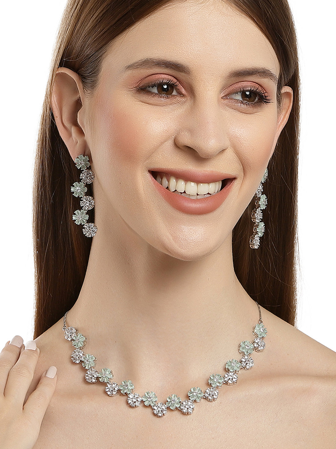 Karatcart Silver Tone Light Green Floral AD Necklace