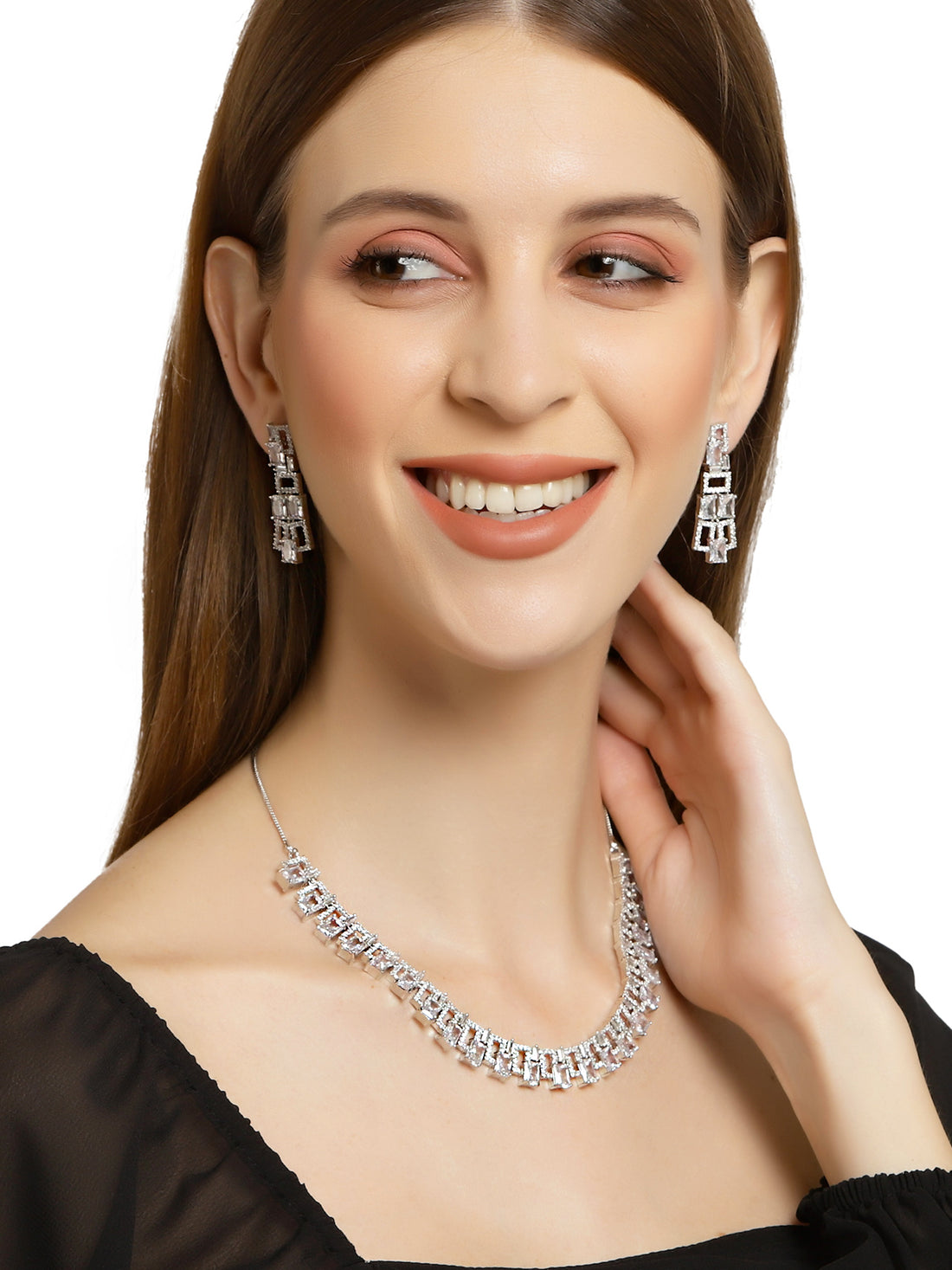 Karatcart Silver Tone American Diamond Studded Necklace Set For Women