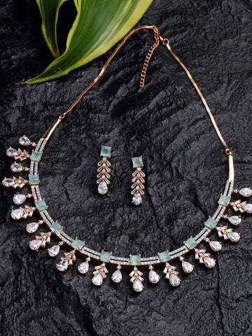 Karatcart Rose Gold Plated White and Lime Green Cubic Zirconia Studded Necklace Set For Women