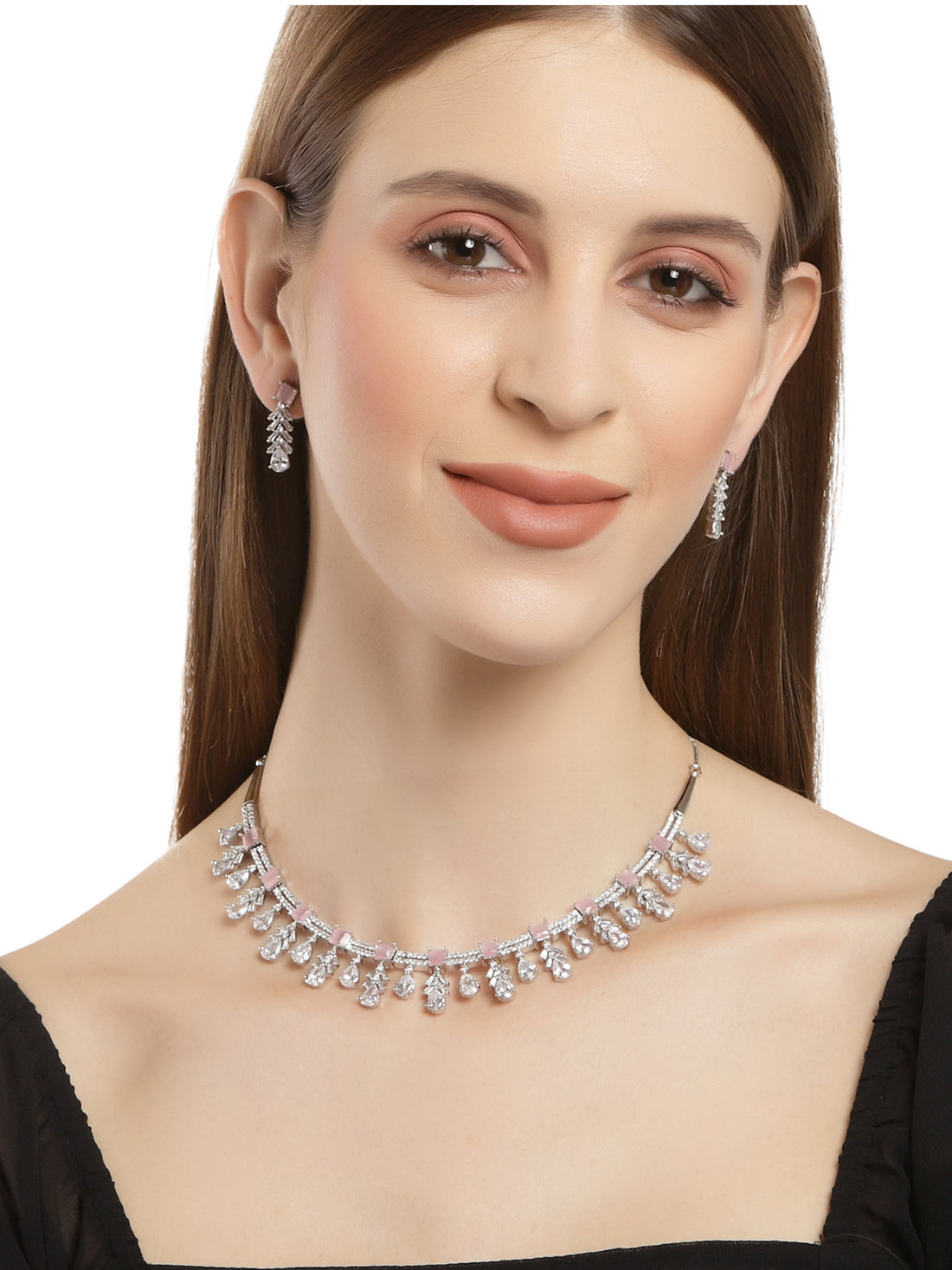 Karatcart Silver Tone Pink Cubic Zirconia Studded Leaf Shape Necklace Set For Women