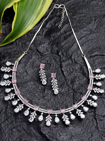 Karatcart Silver Tone Pink Cubic Zirconia Studded Leaf Shape Necklace Set For Women