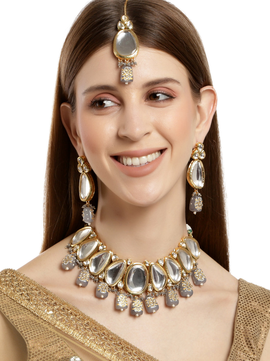 Karatcart Grey Tumble Studded Polki Kundan Choker Necklace Set For Women