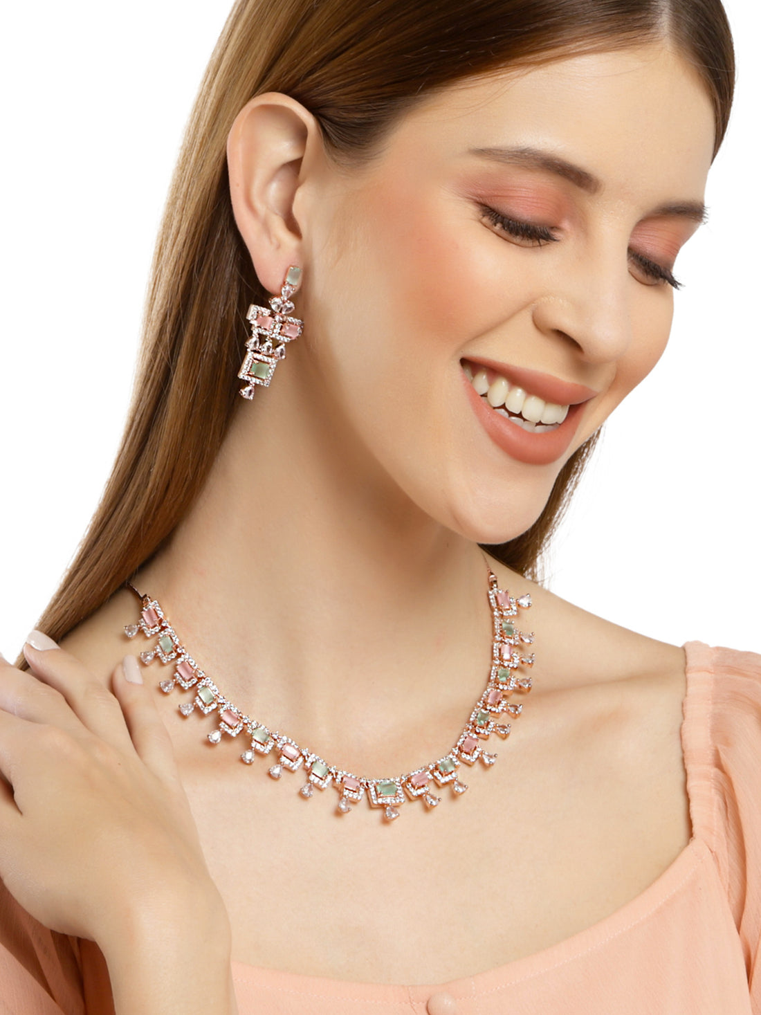 Karatcart Pink and Light Green CZ Studded American Diamond Necklace Set For Women