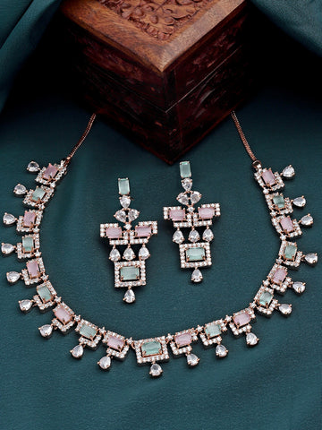 Karatcart Pink and Light Green CZ Studded American Diamond Necklace Set For Women