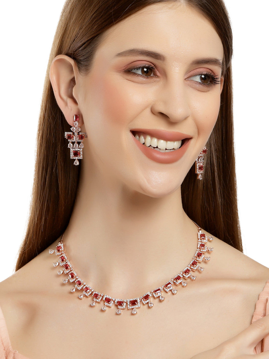 Karatcart Rose Gold Plated Red Cubic Zirconia Studded Necklace Set For Women