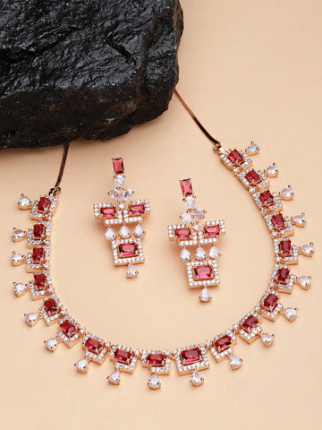 Karatcart Rose Gold Plated Red Cubic Zirconia Studded Necklace Set For Women