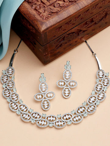 Karatcart Silver American Diamond Studded Necklace Set For Women