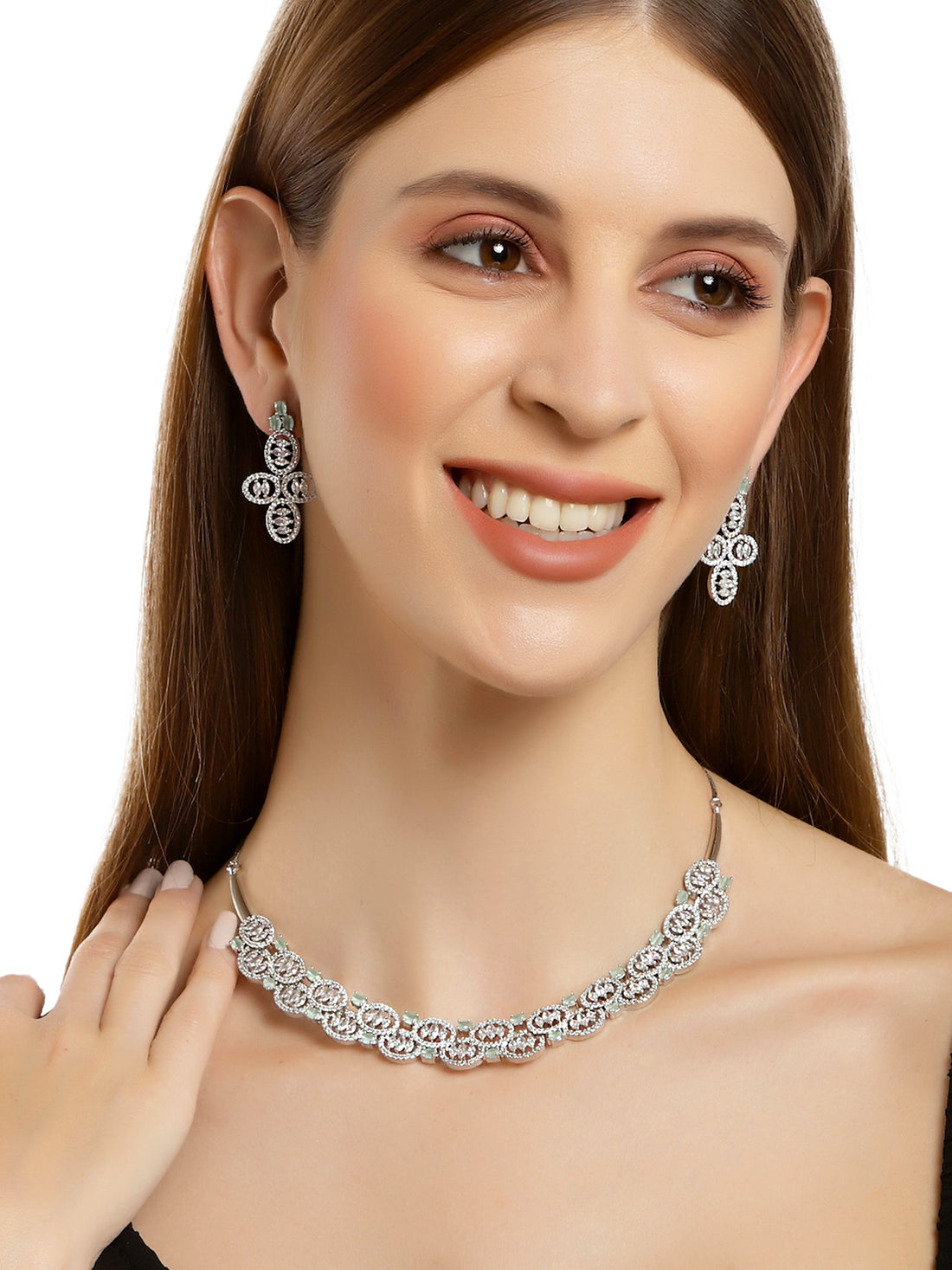 Karatcart Silver American Diamond Studded Necklace Set For Women