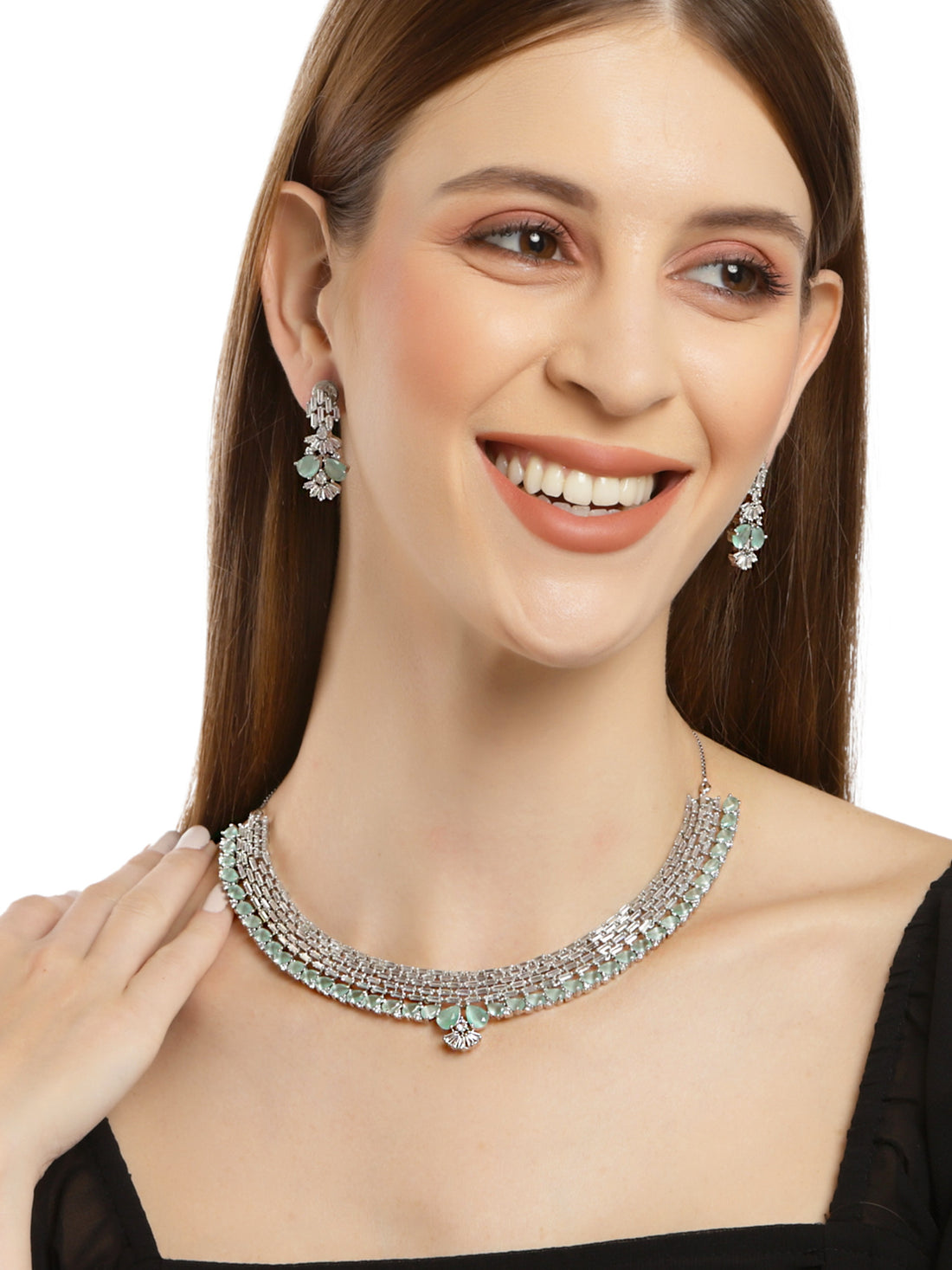 Karatcart Silver Tone Light Green American Diamond Studded Necklace Set For Women