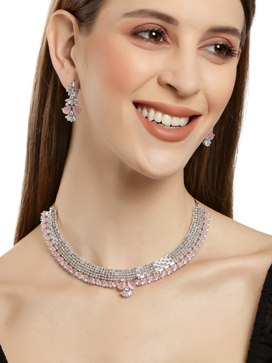 Karatcart Silver Tone Pink AD Necklace Set for Women