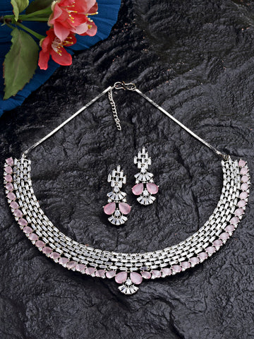 Karatcart Silver Tone Pink AD Necklace Set for Women